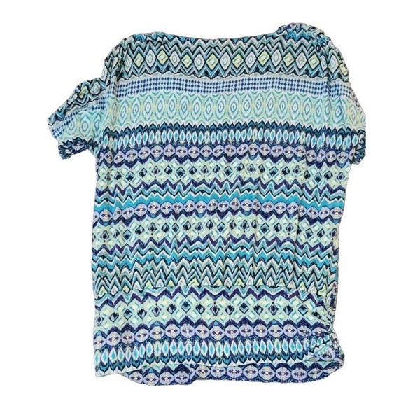 Chico's Aqua Blue Purple White Chevron Ruched Ikat Sides Tunic Top Shirt Sz 1 M - Picture 3 of 7